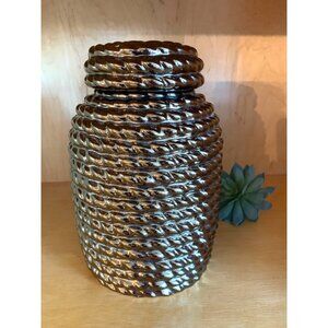 Large Textured Rope Bronze Ceramic Jar w/ Lid 10" x 6" Metalic Decor Vase